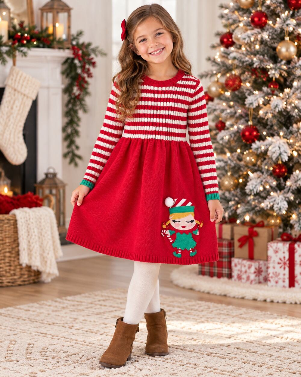 Jingles & Joy Girls 7/8 Christmas Sweater Dress Candy Cane Stripe Elf Red